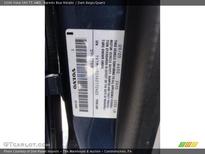 Info Tag of 2006 S40 T5 AWD