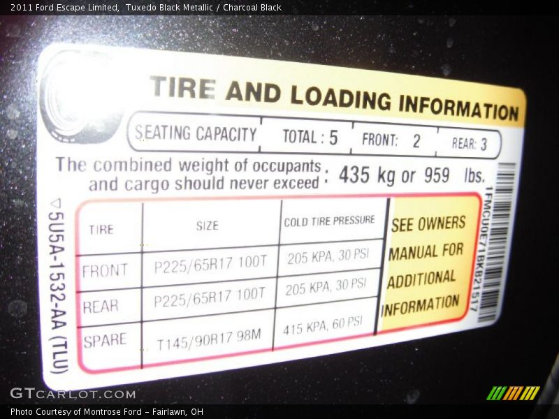 Info Tag of 2011 Escape Limited