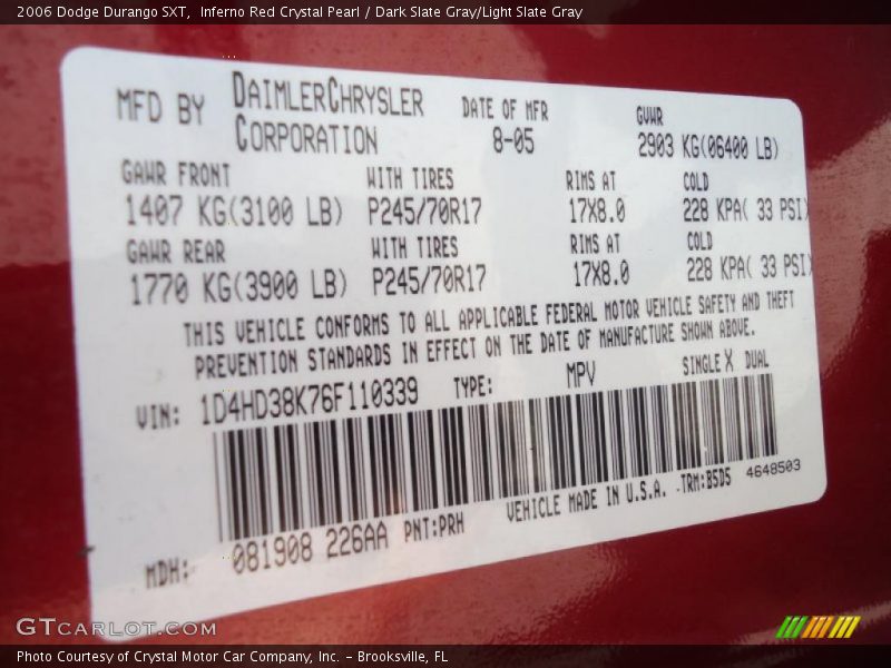 2006 Durango SXT Inferno Red Crystal Pearl Color Code PRH