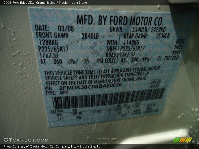 Creme Brulee / Medium Light Stone 2008 Ford Edge SEL