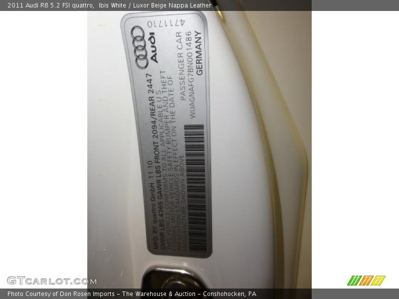 Ibis White / Luxor Beige Nappa Leather 2011 Audi R8 5.2 FSI quattro
