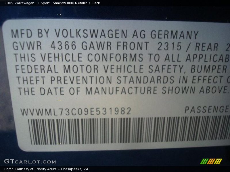 Shadow Blue Metallic / Black 2009 Volkswagen CC Sport