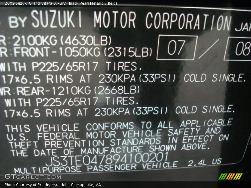 Info Tag of 2009 Grand Vitara Luxury