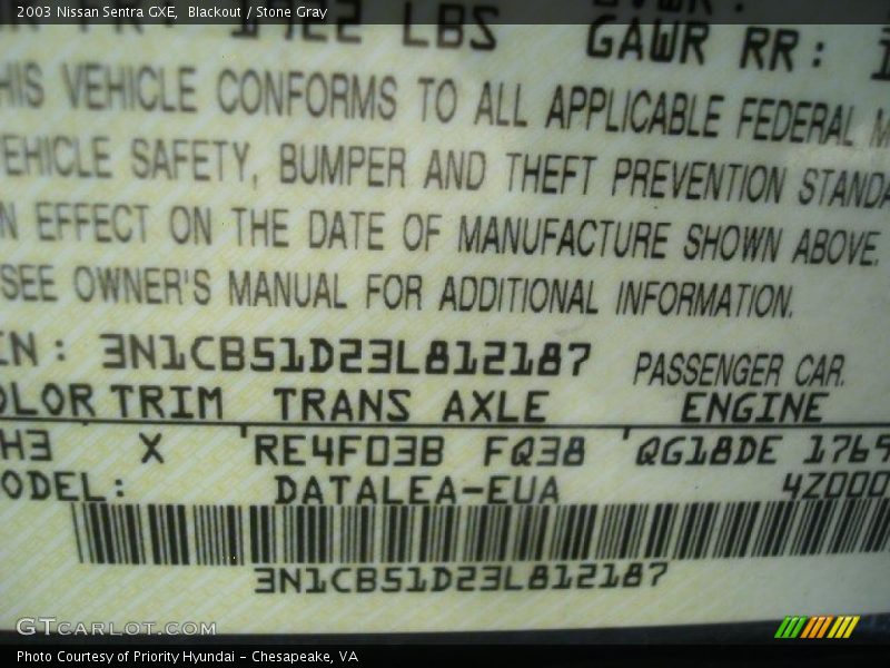 Blackout / Stone Gray 2003 Nissan Sentra GXE