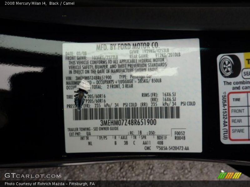 Black / Camel 2008 Mercury Milan I4
