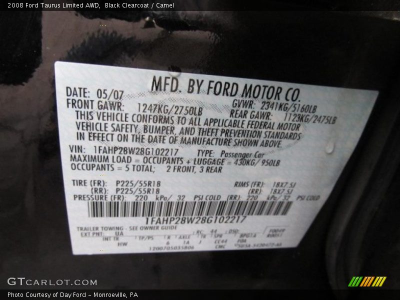 Black Clearcoat / Camel 2008 Ford Taurus Limited AWD