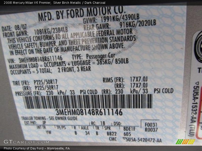 Silver Birch Metallic / Dark Charcoal 2008 Mercury Milan V6 Premier