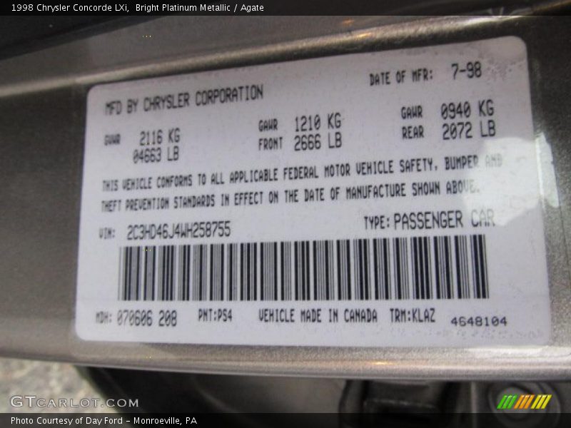 1998 Concorde LXi Bright Platinum Metallic Color Code PS4