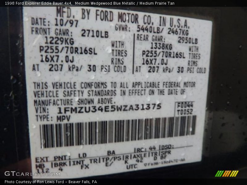 1998 Explorer Eddie Bauer 4x4 Medium Wedgewood Blue Metallic Color Code LD