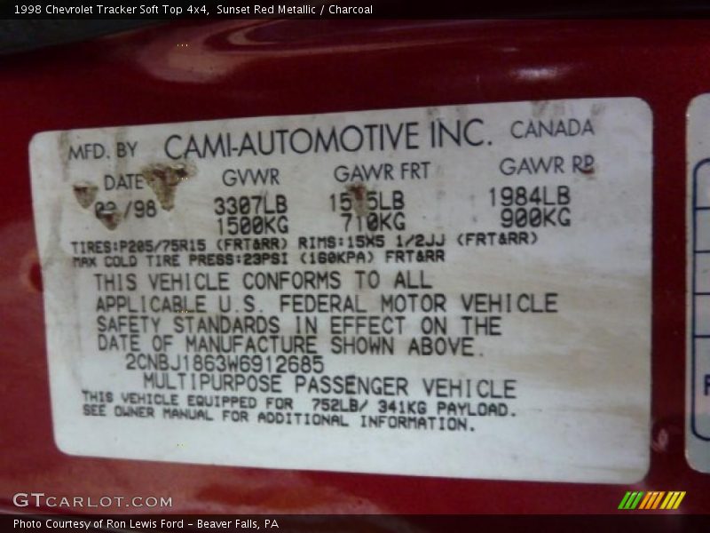 Sunset Red Metallic / Charcoal 1998 Chevrolet Tracker Soft Top 4x4
