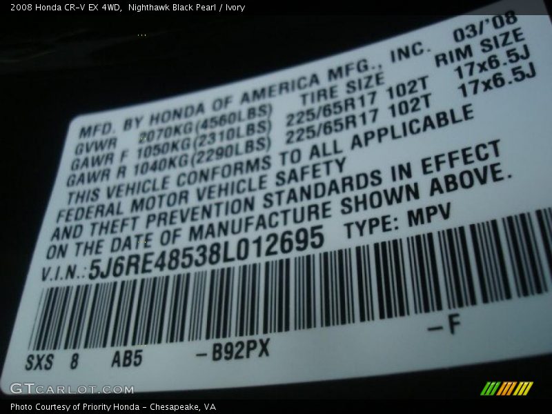 Nighthawk Black Pearl / Ivory 2008 Honda CR-V EX 4WD