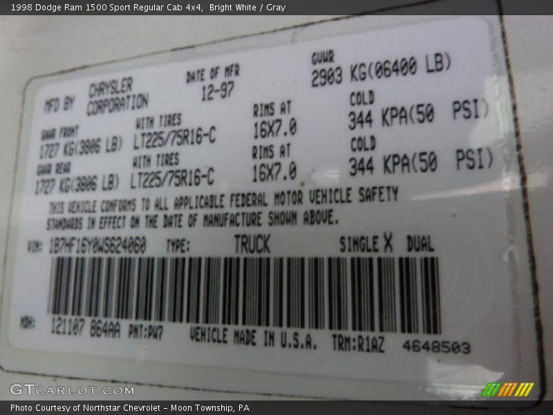 Bright White / Gray 1998 Dodge Ram 1500 Sport Regular Cab 4x4