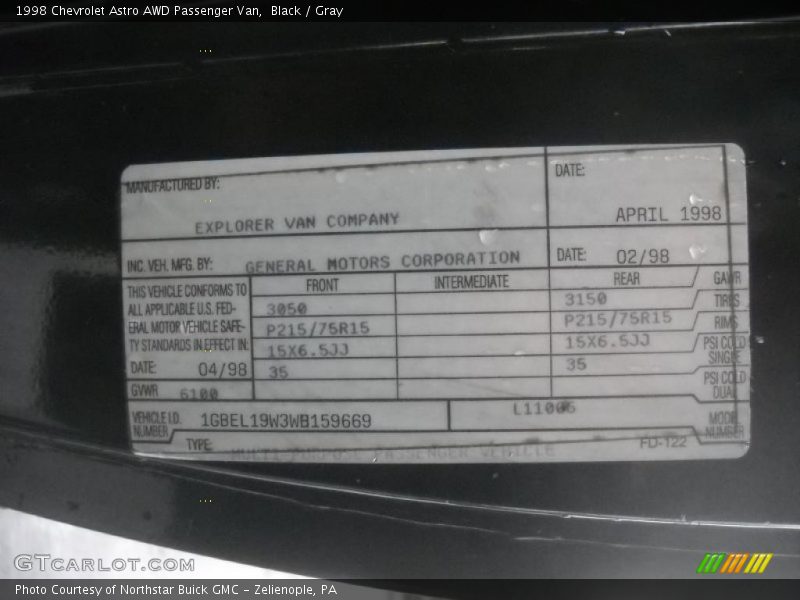 Info Tag of 1998 Astro AWD Passenger Van