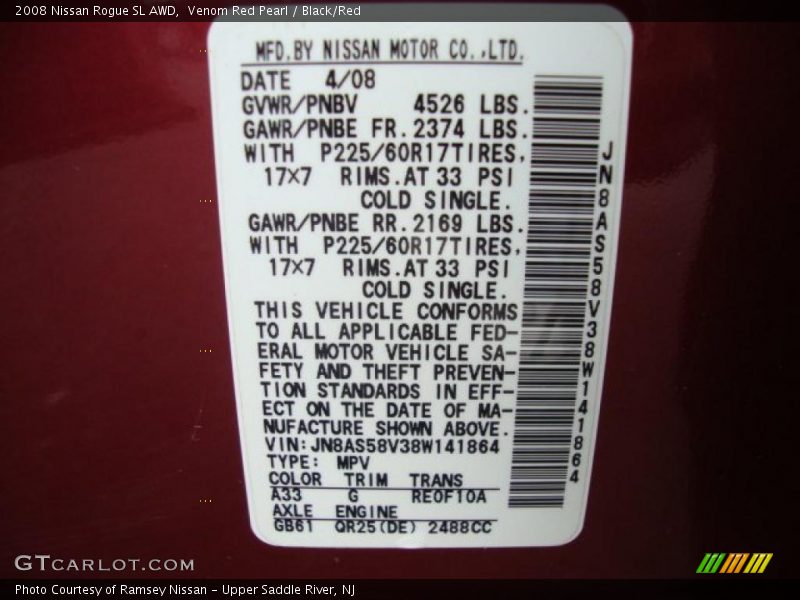 2008 Rogue SL AWD Venom Red Pearl Color Code A33