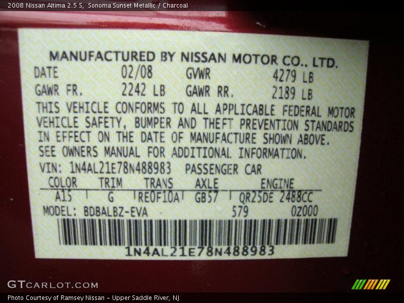 Sonoma Sunset Metallic / Charcoal 2008 Nissan Altima 2.5 S