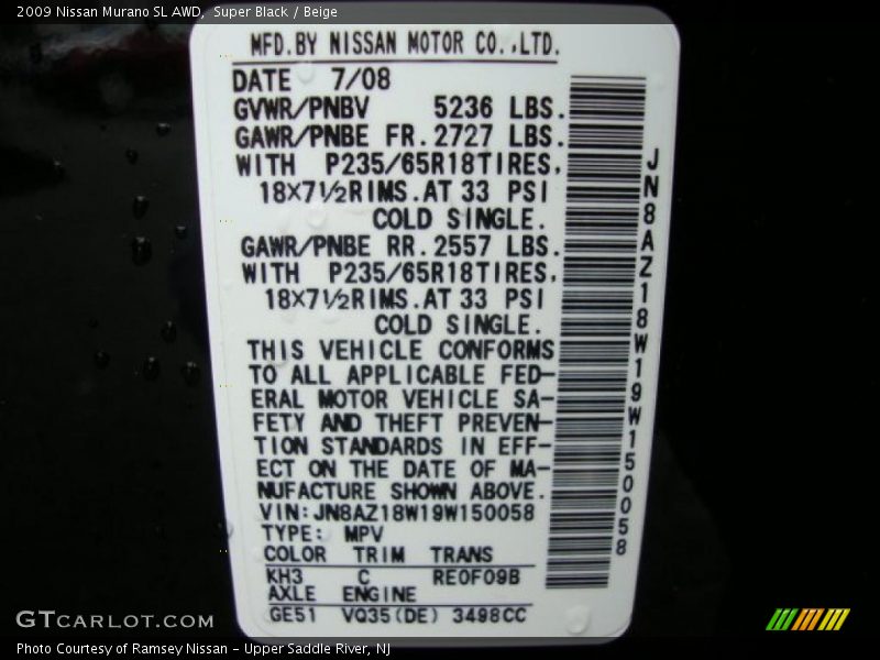 Super Black / Beige 2009 Nissan Murano SL AWD