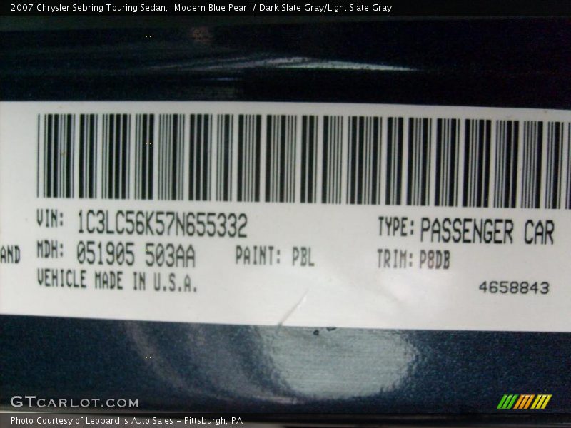 Modern Blue Pearl / Dark Slate Gray/Light Slate Gray 2007 Chrysler Sebring Touring Sedan