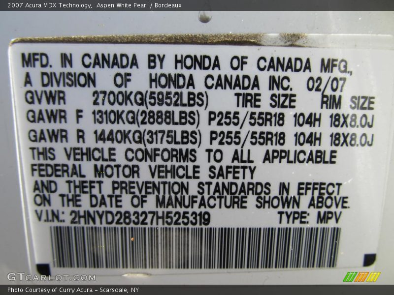 Aspen White Pearl / Bordeaux 2007 Acura MDX Technology