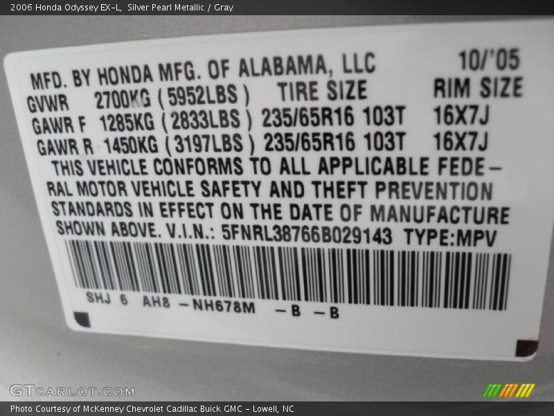 Silver Pearl Metallic / Gray 2006 Honda Odyssey EX-L