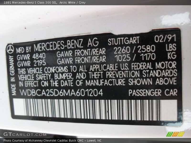 Info Tag of 1991 S Class 300 SEL