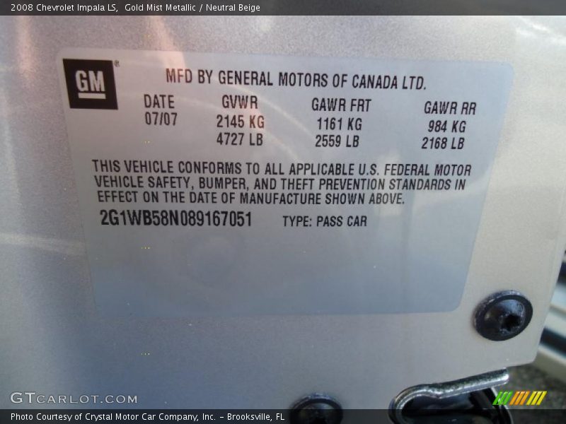 Gold Mist Metallic / Neutral Beige 2008 Chevrolet Impala LS