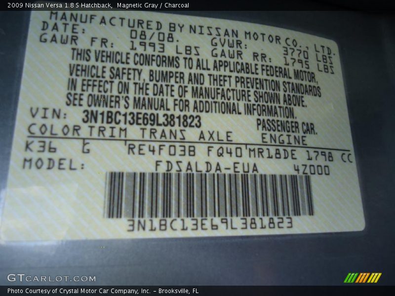 Magnetic Gray / Charcoal 2009 Nissan Versa 1.8 S Hatchback