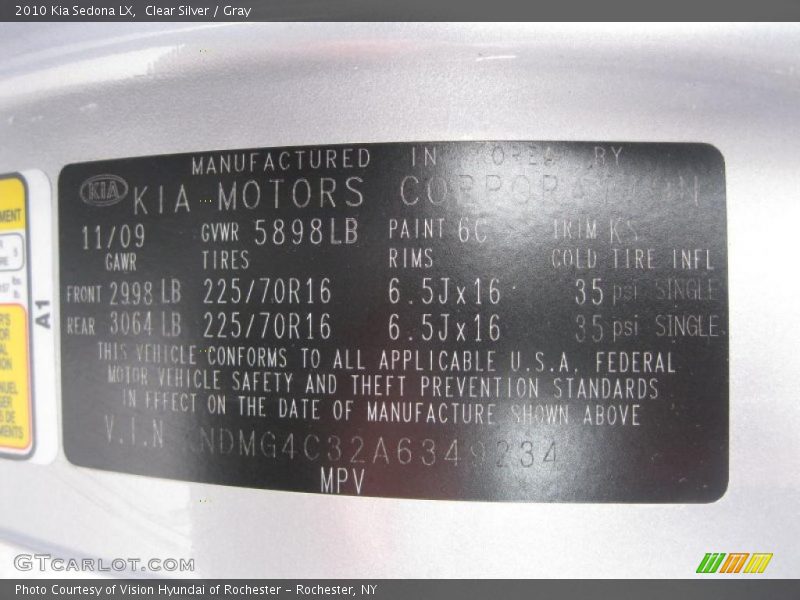 Clear Silver / Gray 2010 Kia Sedona LX