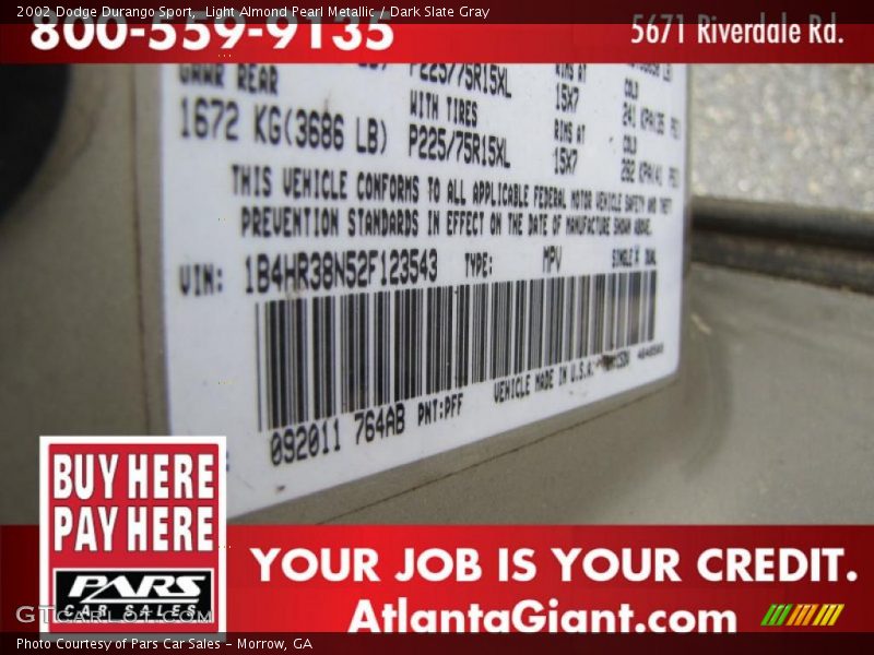 Light Almond Pearl Metallic / Dark Slate Gray 2002 Dodge Durango Sport