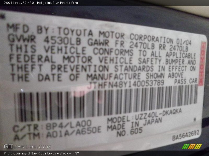 2004 SC 430 Indigo Ink Blue Pearl Color Code 8P4