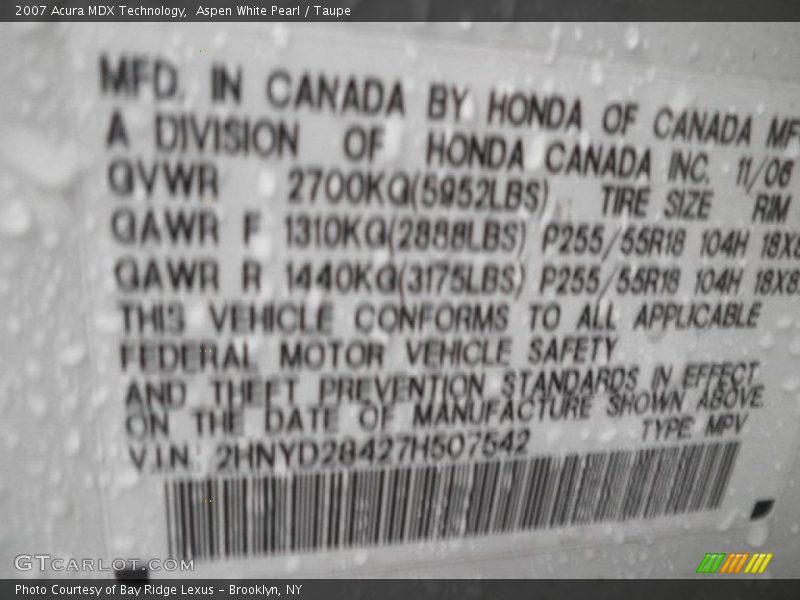 Aspen White Pearl / Taupe 2007 Acura MDX Technology