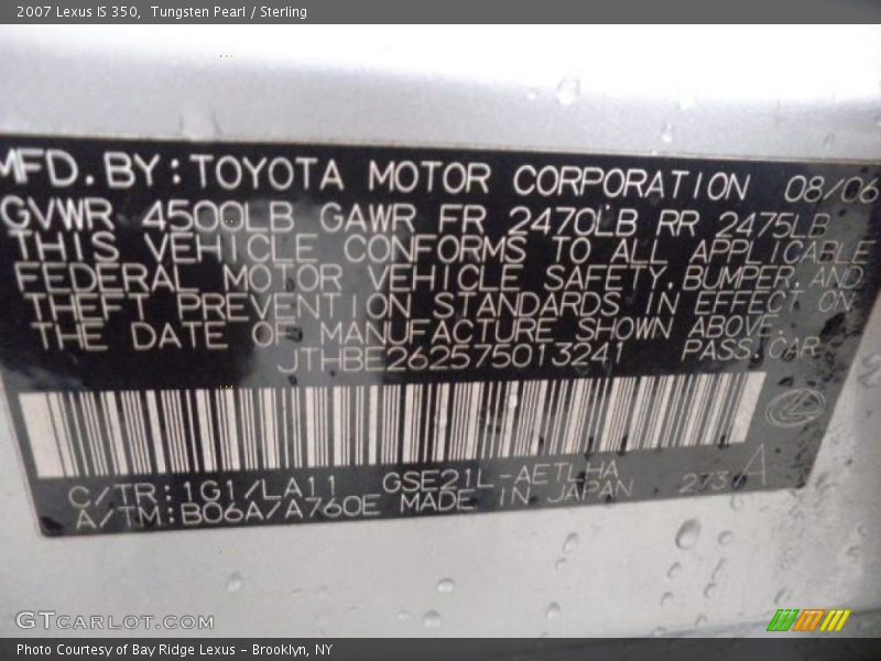 Tungsten Pearl / Sterling 2007 Lexus IS 350