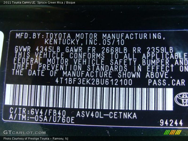 Spruce Green Mica / Bisque 2011 Toyota Camry LE