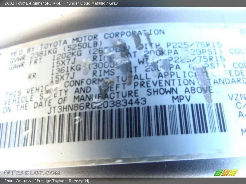 Thunder Cloud Metallic / Gray 2002 Toyota 4Runner SR5 4x4