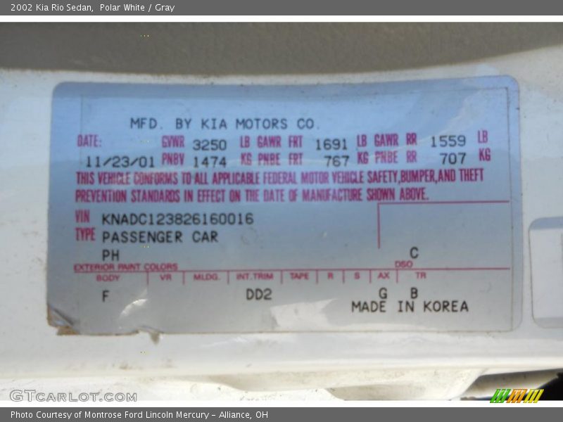 2002 Rio Sedan Polar White Color Code F