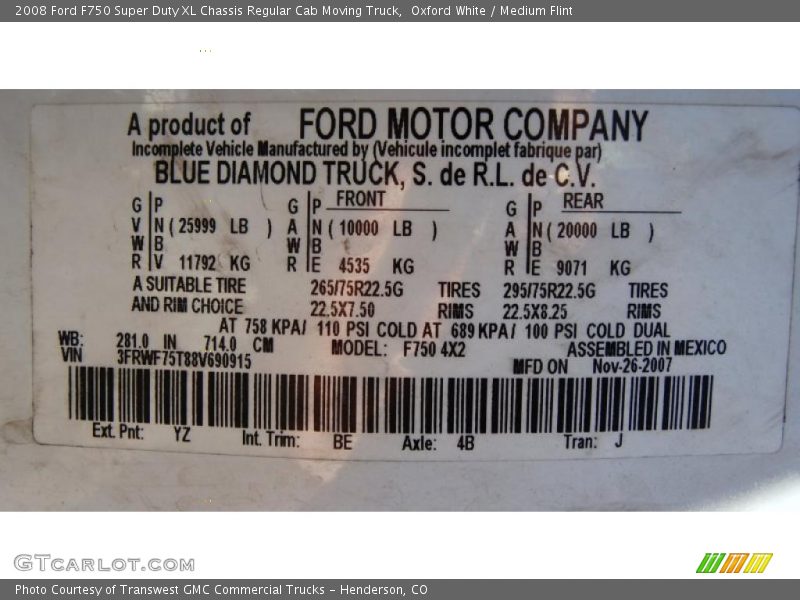 Oxford White / Medium Flint 2008 Ford F750 Super Duty XL Chassis Regular Cab Moving Truck