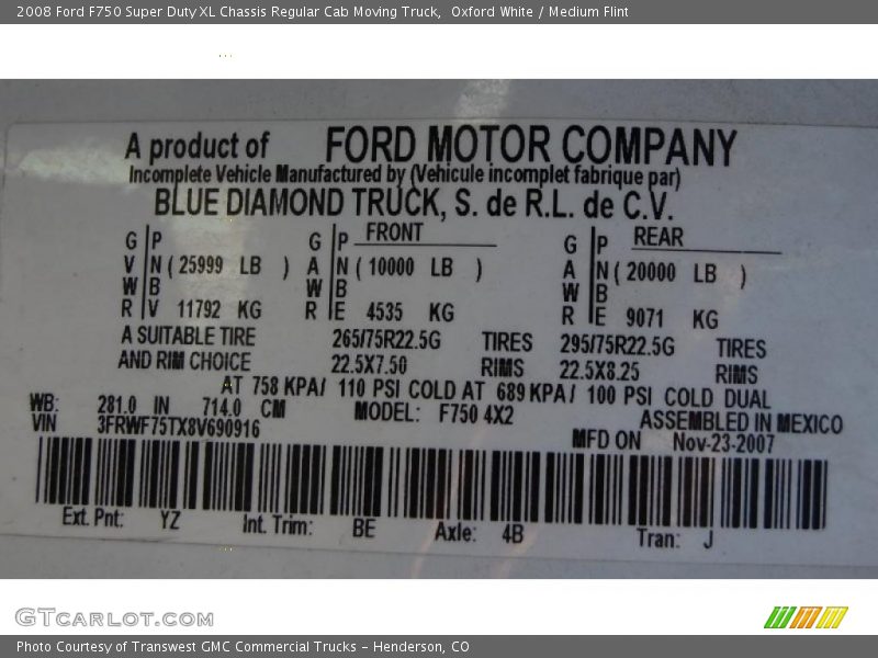 2008 F750 Super Duty XL Chassis Regular Cab Moving Truck Oxford White Color Code YZ