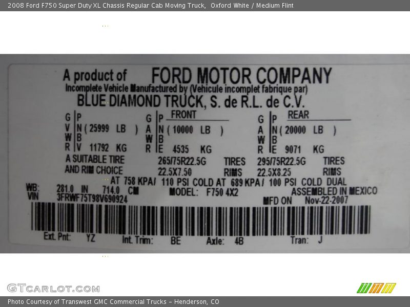 Oxford White / Medium Flint 2008 Ford F750 Super Duty XL Chassis Regular Cab Moving Truck