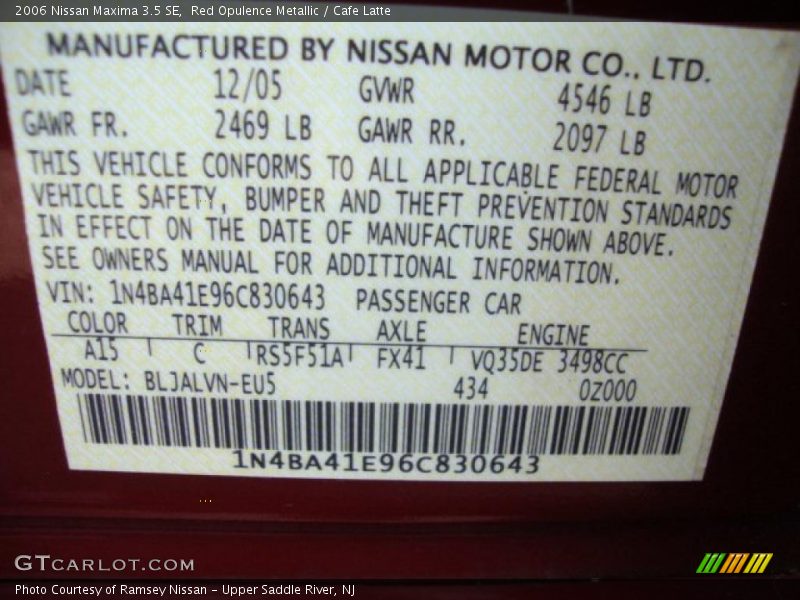 Red Opulence Metallic / Cafe Latte 2006 Nissan Maxima 3.5 SE