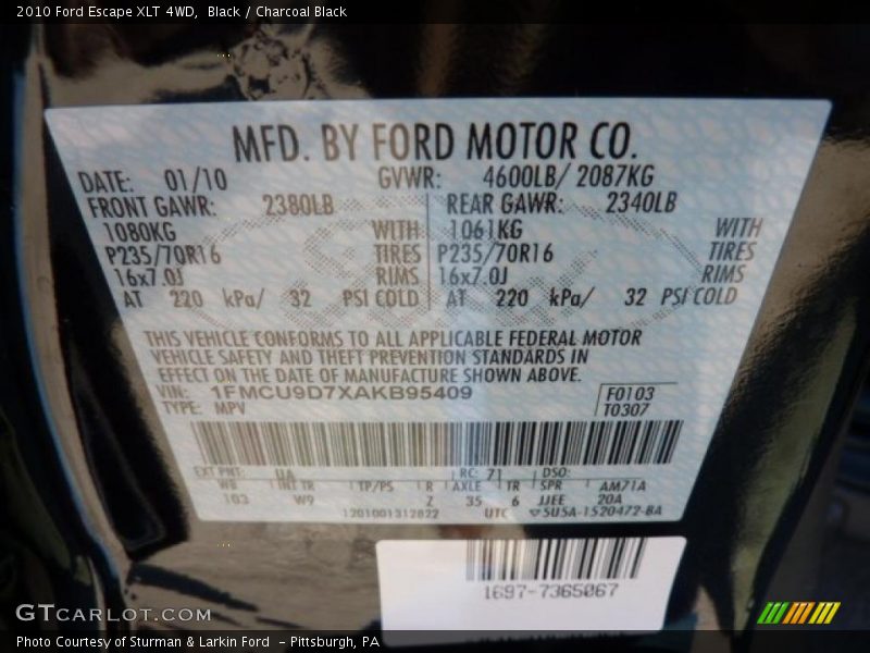 Black / Charcoal Black 2010 Ford Escape XLT 4WD