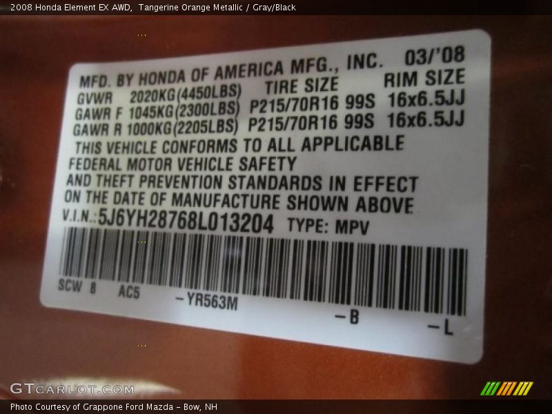 Tangerine Orange Metallic / Gray/Black 2008 Honda Element EX AWD