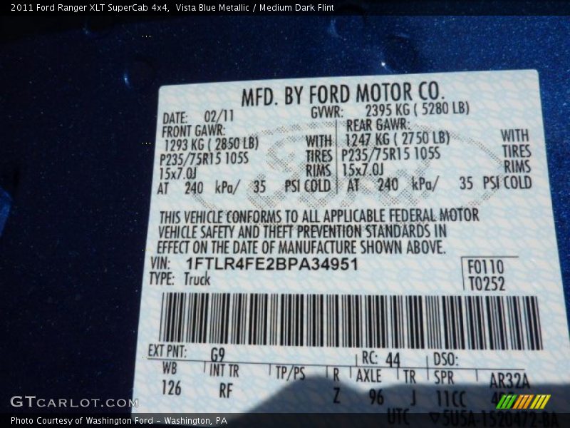Vista Blue Metallic / Medium Dark Flint 2011 Ford Ranger XLT SuperCab 4x4