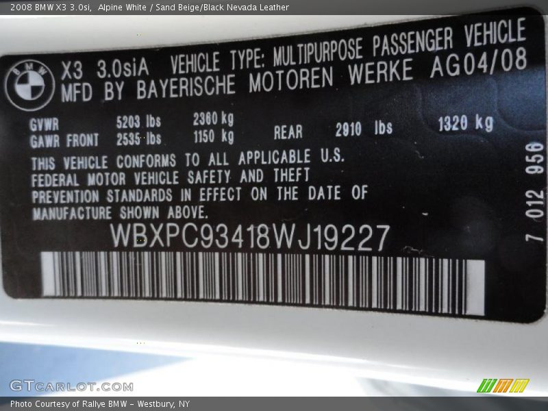 Alpine White / Sand Beige/Black Nevada Leather 2008 BMW X3 3.0si