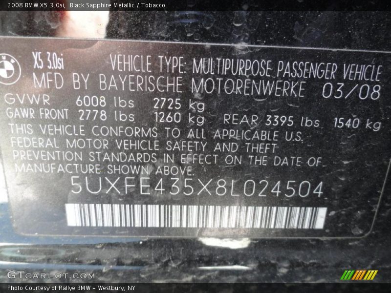 Black Sapphire Metallic / Tobacco 2008 BMW X5 3.0si