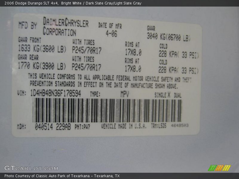 Bright White / Dark Slate Gray/Light Slate Gray 2006 Dodge Durango SLT 4x4