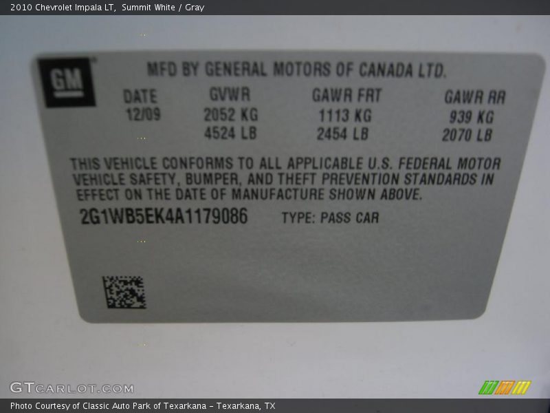 Summit White / Gray 2010 Chevrolet Impala LT