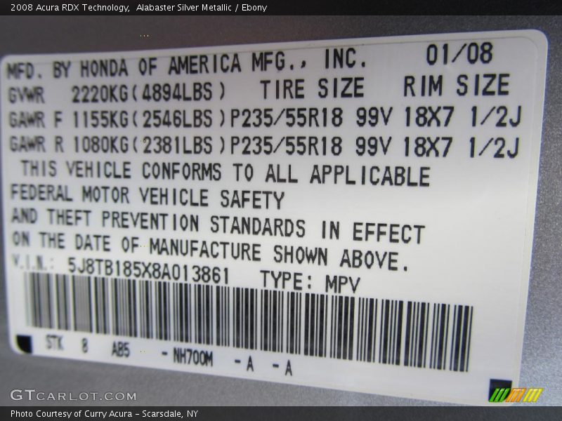 Alabaster Silver Metallic / Ebony 2008 Acura RDX Technology