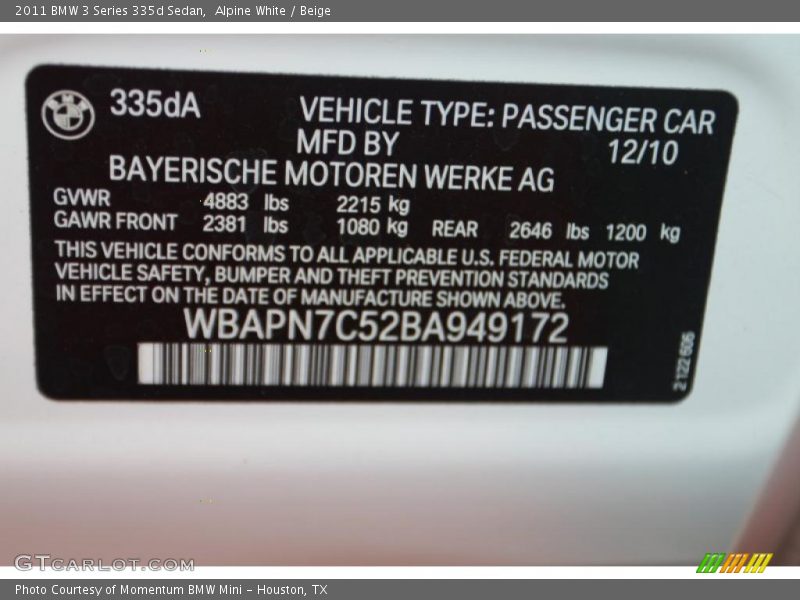 Alpine White / Beige 2011 BMW 3 Series 335d Sedan