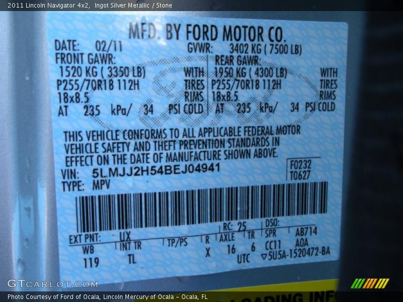 2011 Navigator 4x2 Ingot Silver Metallic Color Code UX