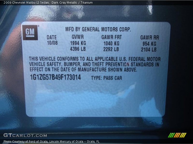 Dark Gray Metallic / Titanium 2009 Chevrolet Malibu LS Sedan