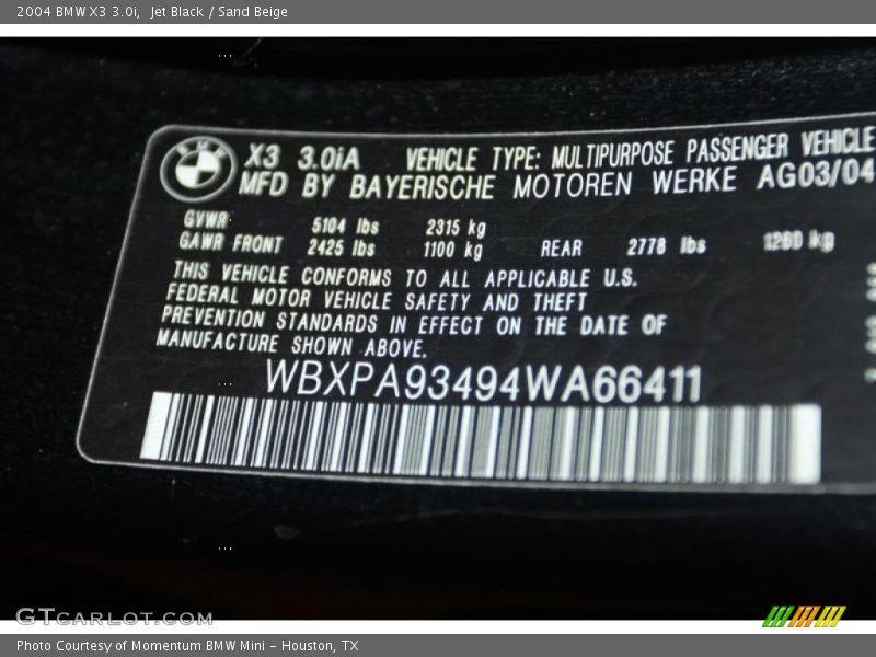 Jet Black / Sand Beige 2004 BMW X3 3.0i